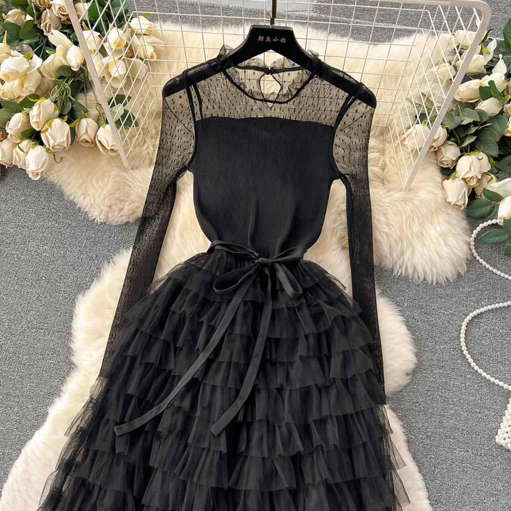 Inverno Outono Elegante Mulheres Renda Malha Oco Patchwork Vestido Casual Senhora Babados A-line Vestido Festa Bolo Vestido