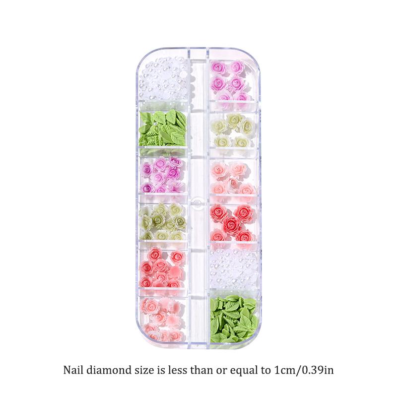 1Box 12 Grid Diy Nail Art Decor 3D Roses Garden Nail Drill Mixed Flowers Leaf Pearl Manicure Diamond Manicure Design Accessories