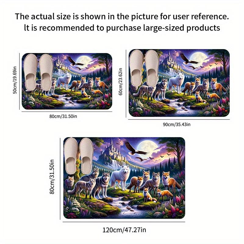 Forest Wolf Flannel Door Mat Carpet, Non-Slip Comfort Floor Mat Machine Washable for Kitchen Living Room Bedroom Bathroom Decor