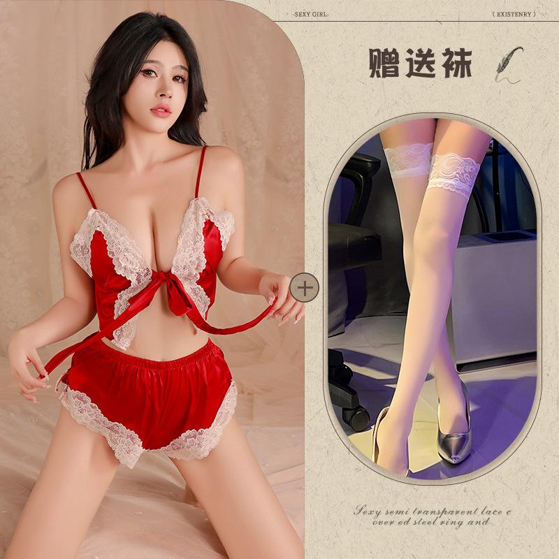 Sexy bow lace-up split two-piece sex suit women's deep V lace seduction sex pajamas