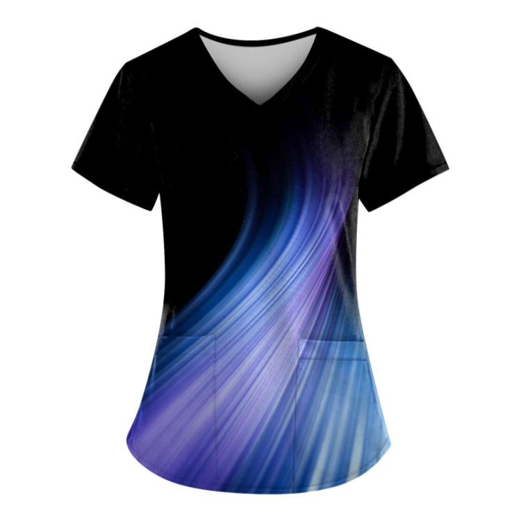 Plus Size Women's V-Neck Short Sleeve Work Scrub Top With Pockets Fun Printed Tee For Working Uniform T-Shirt
