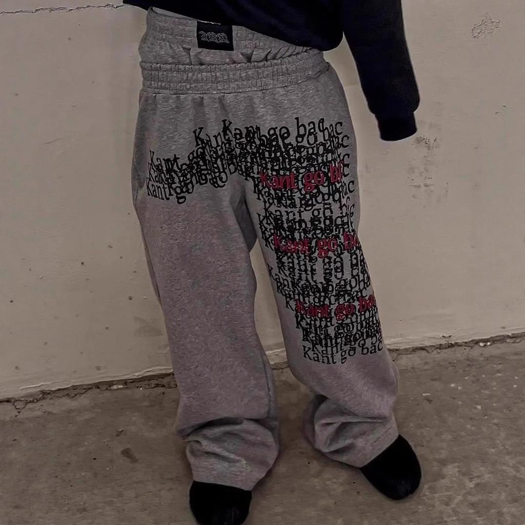 FlowStreet Retro Double Waist Design Casual Street Men Pants Hip-hop Gothic Harajuku Loose Pants Y2K Letter Pattern Sports Pants 4XL