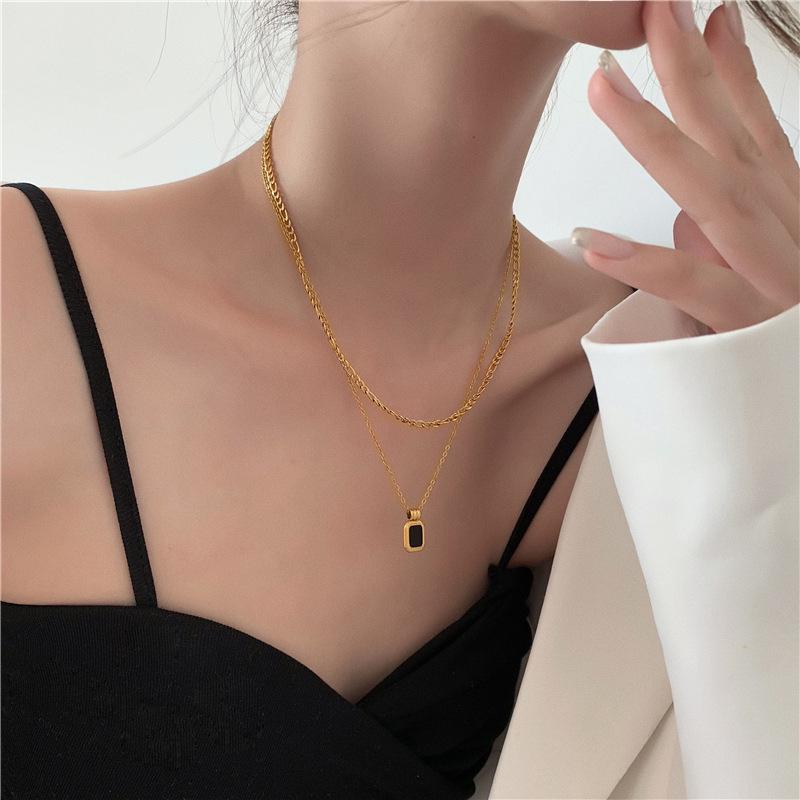Double Layer Black Square Pendant Gold Necklace - Stackable Clavicle Chain Choker for Women