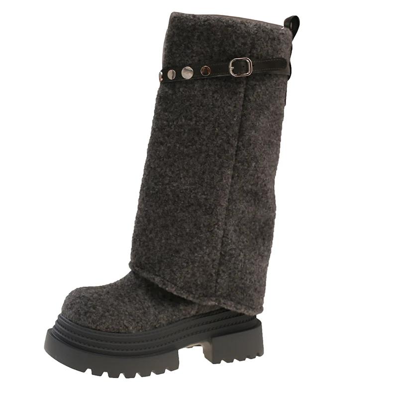 Winter Fashion Platform Women Knee-High Boots Punk Style Slip On Shoes Height Increase Pipe Long Knight Booties