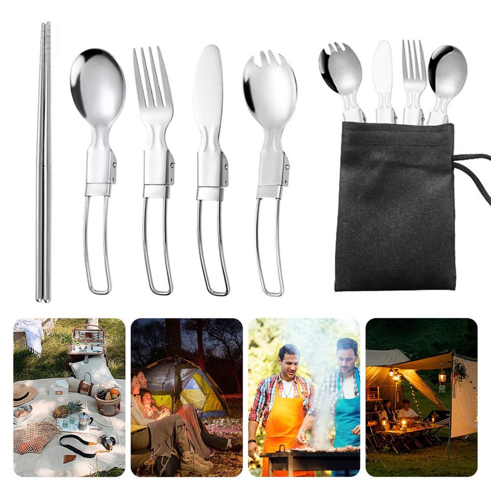 Folding Picnic Tableware Set Flatware Stainless Steel 304 Stainless Steel Spoon With Packaging Bag For Outdoors Picnic Travel