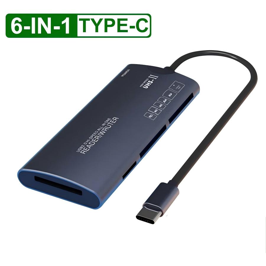 6-in-1 USB 2.0/Type-C Multi-Function Card Reader SD/TF/XD/CF Memory Card Adapter, Suitable for Data Transfer