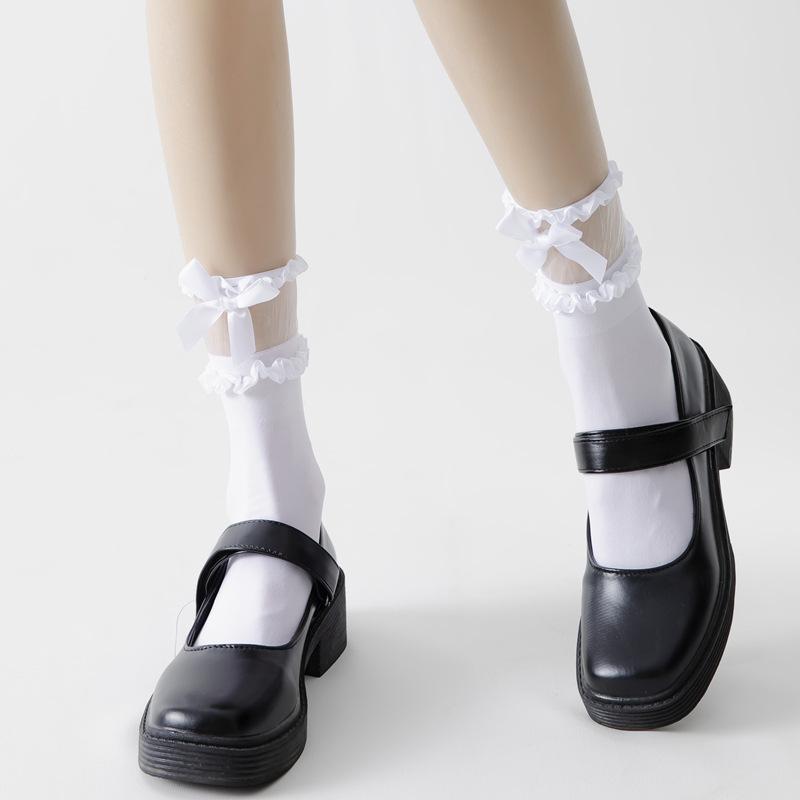 Lolita Lace Bow Calf Socks Velvet Women's Medium Tube Socks Knee Japanese Students Black and White Silk