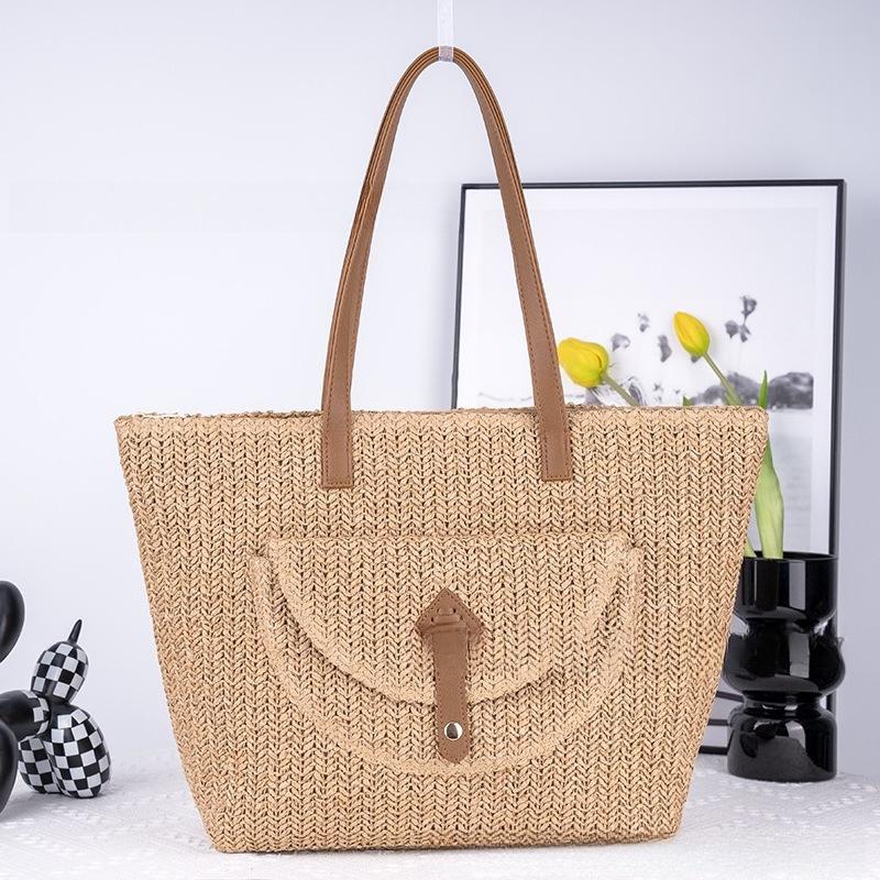 Ins Simple Fashion Straw Woven Bag Shoulder Paper Rope Pastoral Style Handmade Weaving Bag Lady Beach Bag Large Capacity Women
