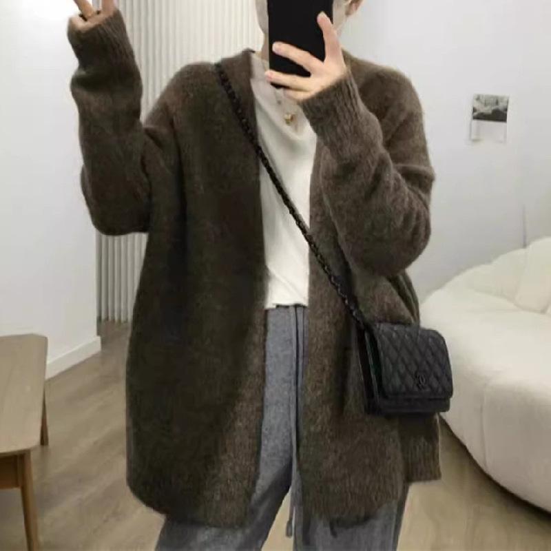 

Вязаный кардиган, куртка женская, однотонная, с V-образным вырезом, большая версия свободного свитера средней длины, осенний свитер one size кофейный