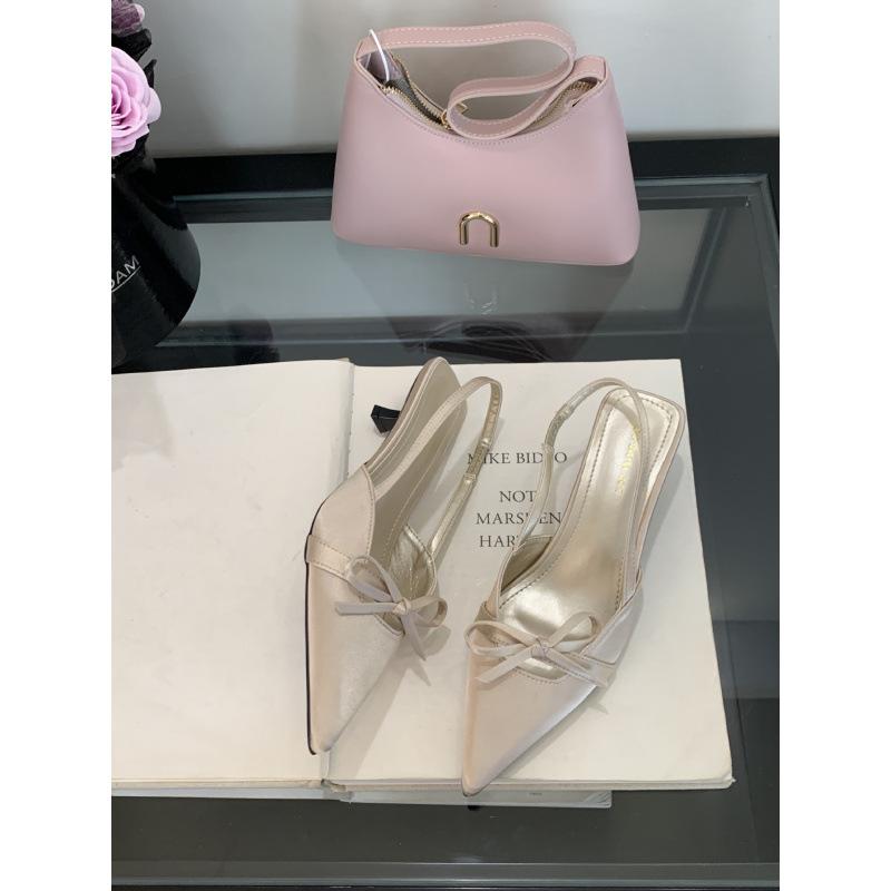 2025 Spring and Autumn High Heels Four Seasons Shoes Korean Version Pointed Head Bow Satin Baotou Sandals Hollow Single Shoes Women