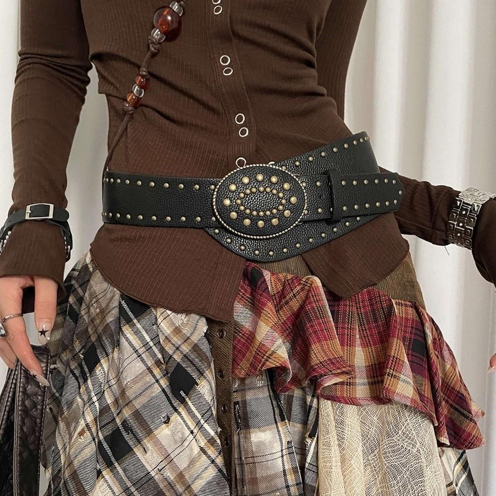 Y2k Women's Waist Belt Gothic Dress Jeans Belt Fashionable Rivet Leather Belt  Streetwear