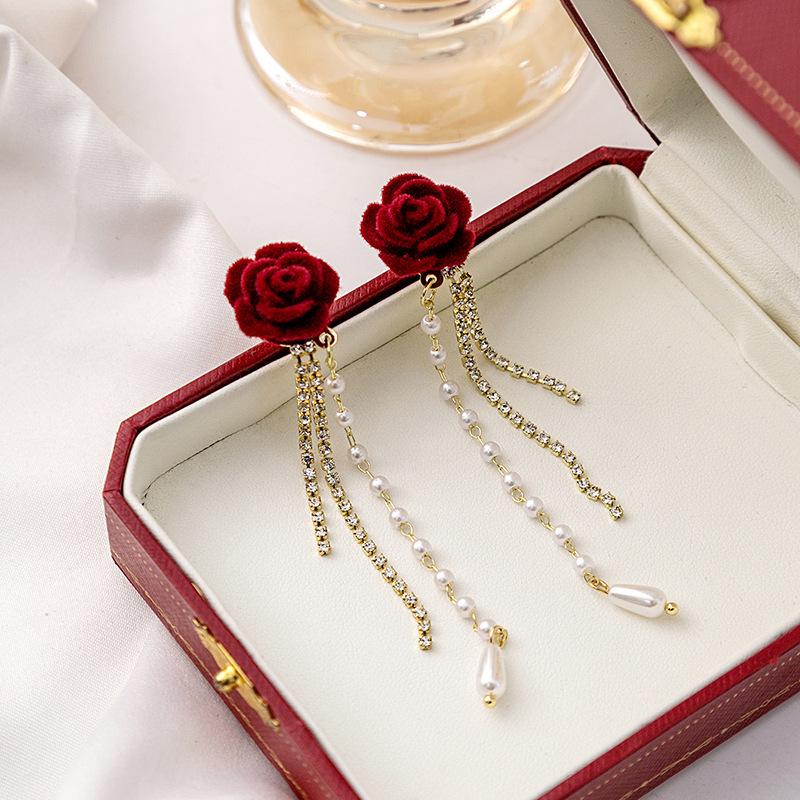 S925 Sterling Silver Red Rose Tassel Earrings: 2024 Luxury Velvet Design