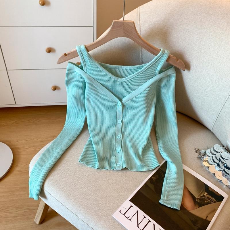 

Вязаный свитер с открытыми плечами, женский новый маленький облегающий темпераментный топ, модный L озеро синий