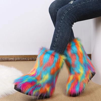 Fashion Fashionable Colored Plush Snow Boots Women Winter New Fox Long Hair Comfortable Cotton Shoes Anti Slip Wear-resistant Flat Shoes