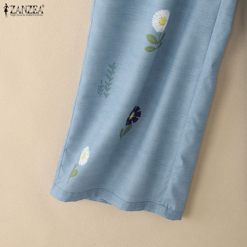 ZANZEA Women Casual Elastic Waist Loose Floral Print Pants