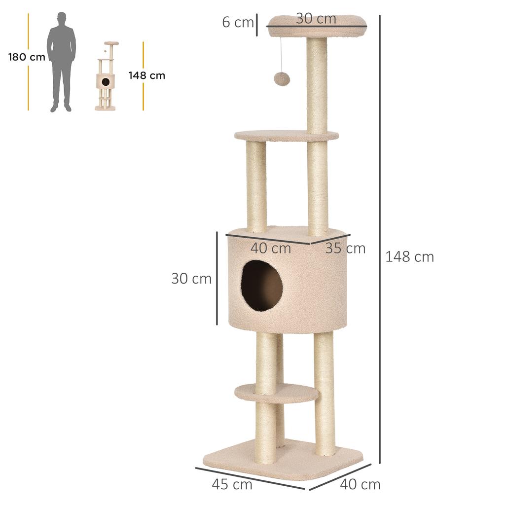 Sturdy Cat Tree with 5 Levels, Kennel, Playhouse, and Sisal Rope, Beige, Max 30kg