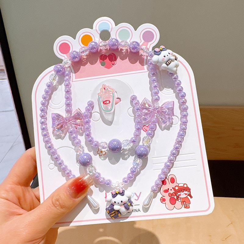 Colorful Pearl Necklace and Jewelry Set: Beaded Bracelet, Cartoon Headband, Earrings - Princess Accessories for Girls
