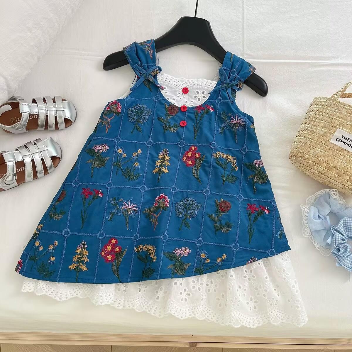Girls Summer Embroidered Floral Lace Vest Dress Retro Bow Princess Dress 90cm