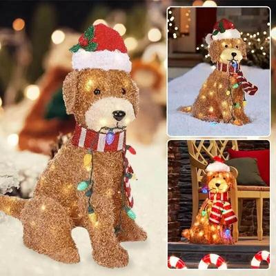Christmas Lighted Goldendoodle Decor Waterproof LED Mimic Dog Shape Sign Wearing Xmas Hat for Home Garden Front Pathway Walkway