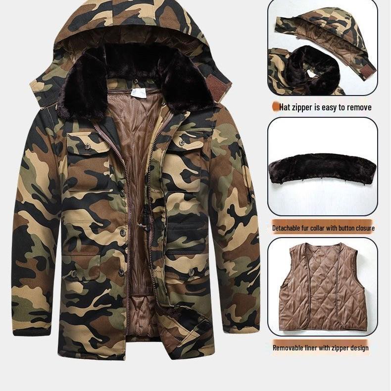Men's Camouflage Cold-Proof Cotton Overcoat, Thickened & Padded, Mid-Length, Plus Size Winter Workwear Jacket