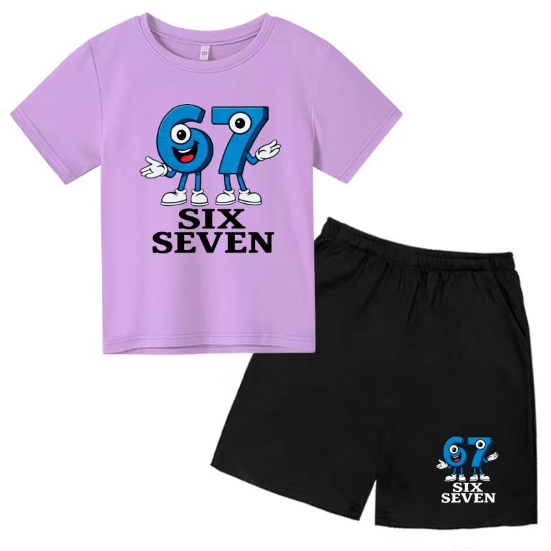 Children Summer Six Seven 67 Cartoon Print Casual Set Clothes T-shirt+Shorts 2P Charming Boy Girl Toddler 3-12 Yrs Short-sleeved