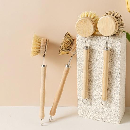 Bamboo Dish Brush Long Handle Medium-Hard Bristles Ergonomic Natural Dish Scrubber with 2 Replacement