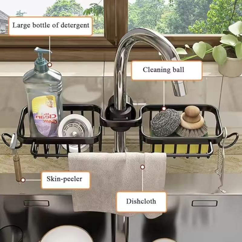 Kitchen Faucet Storage Rack, Sponge Soap Drainage Storage Rack, Hanging Sink Storage Rack with Towel Bar