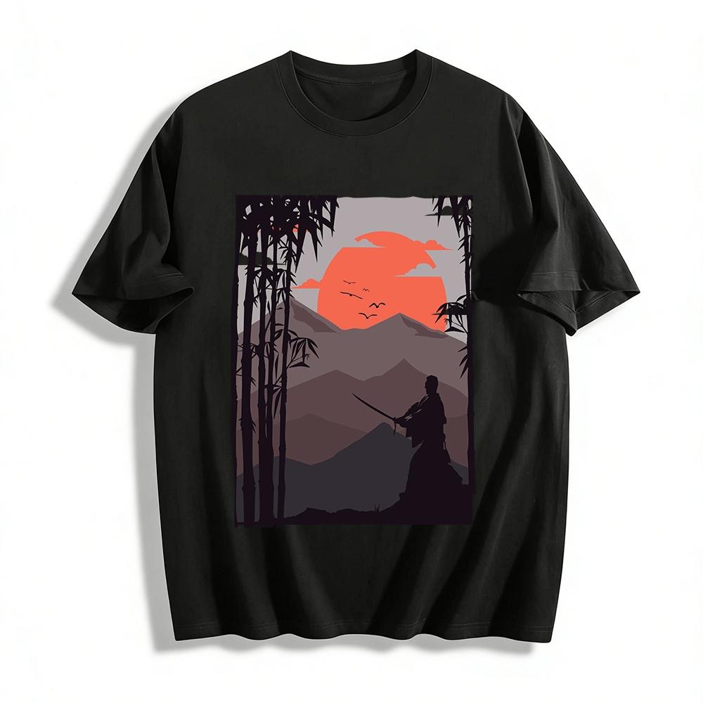 Japanese Bamboo Forest Samurai Sunset Graphic Casual T-Shirt Pure cotton T-shirt XXS