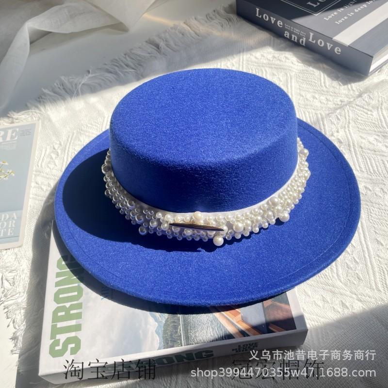 White Pearl Flat Top Woolen Top Hat Female Autumn and Winter British Retro Socialite Elegant French Wide Brim