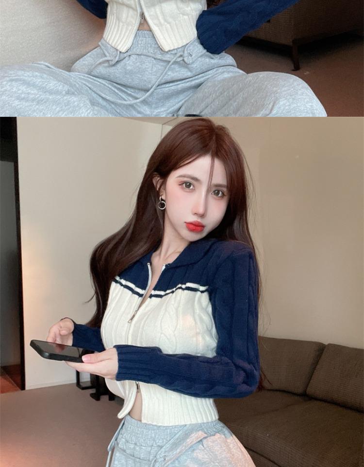 Spicy Girl Polo Collar Cropped Knit Cardigan Sweater - Women's Autumn Long Sleeve Slit Top