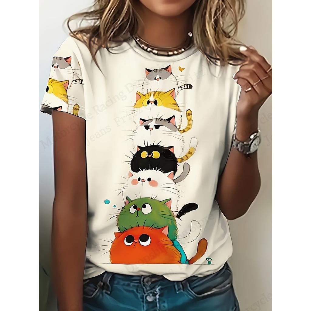 New Women's 3D Cute Cat 3D Printed T-shirt Women's Fashion Casual Round Neck Short Sleeve T-shirt Women's Top T-shirt Cartoon