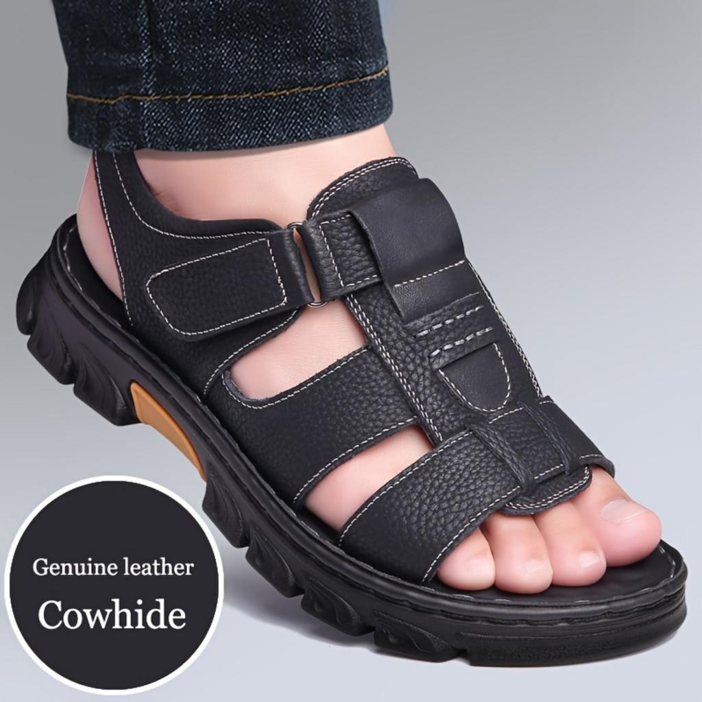 Men's Classic Casual Sandals, Head Layer Cowhide Leather Comfortable and Durable, Beach Vacation Shoes, Non-slip Soft Bottom Outdoor Hollow Sandals