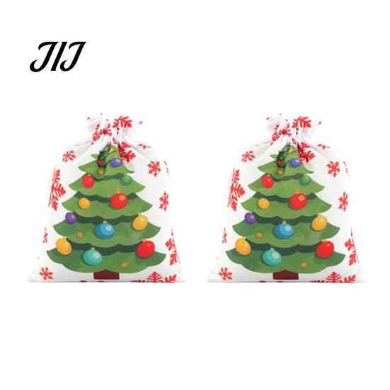 Kids Christmas Present Bags 2Pcs Drawstring Gift Bags, Xmas Tree Reindeer Printed Candy Treat Family Party Holders Pouches, Reusable Fabric