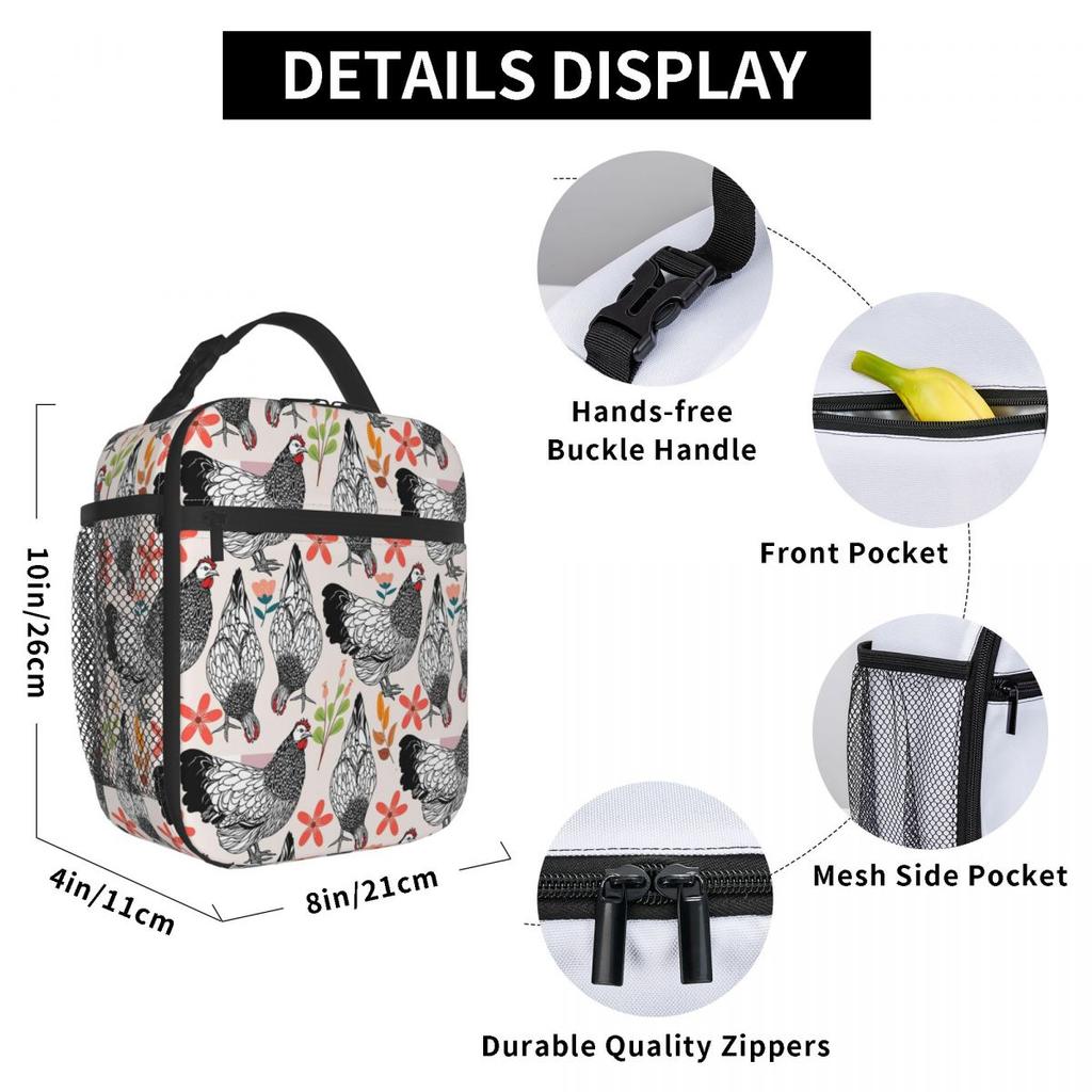 Schwarz-Weiß Hühnermuster Isolierte Lunchtasche für Damen Kinder Tragbar Lebensmittelboxen Thermische Lunchbox Tragetasche