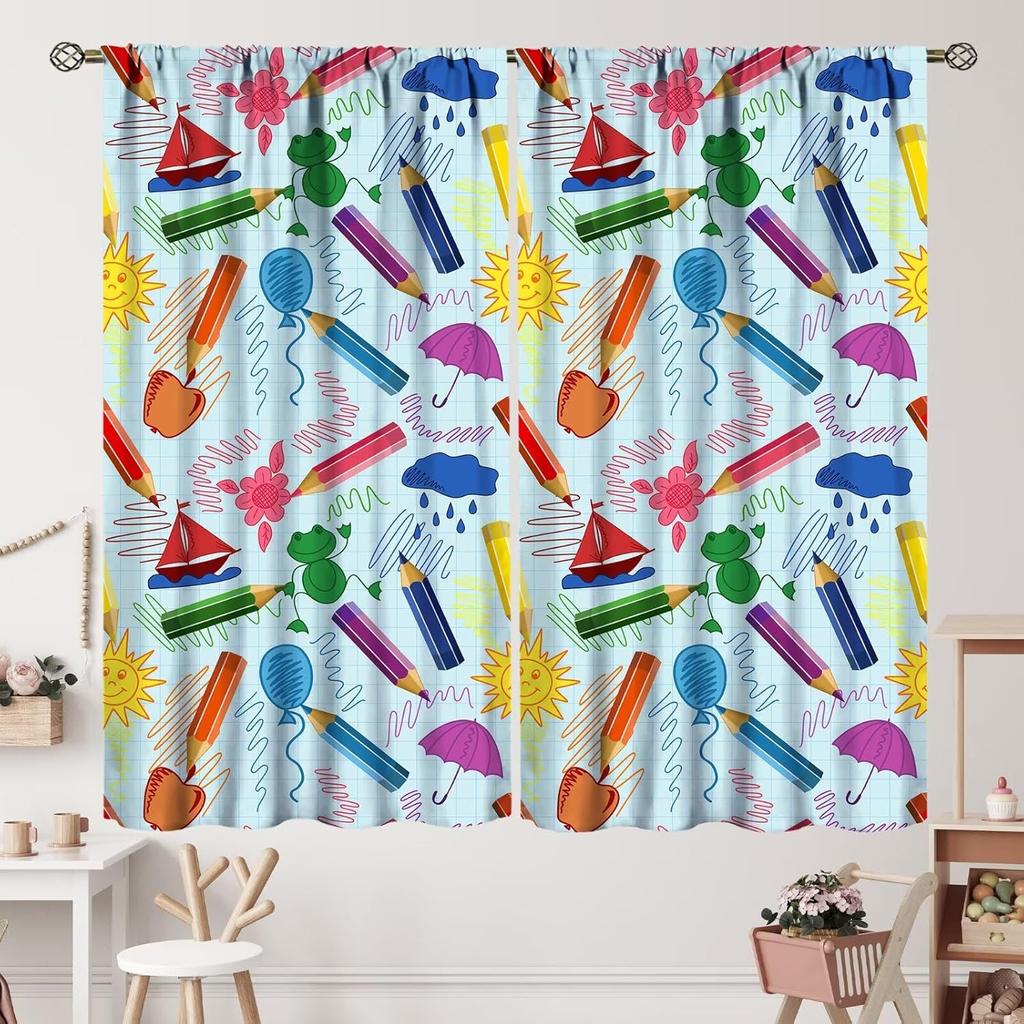 Kids Cartoon Pencil Curtains Colorful Crayons Art Printed School Curtain Nursery Bedroom Living Room Home Polyester With Rod Pocket Washable Sitting