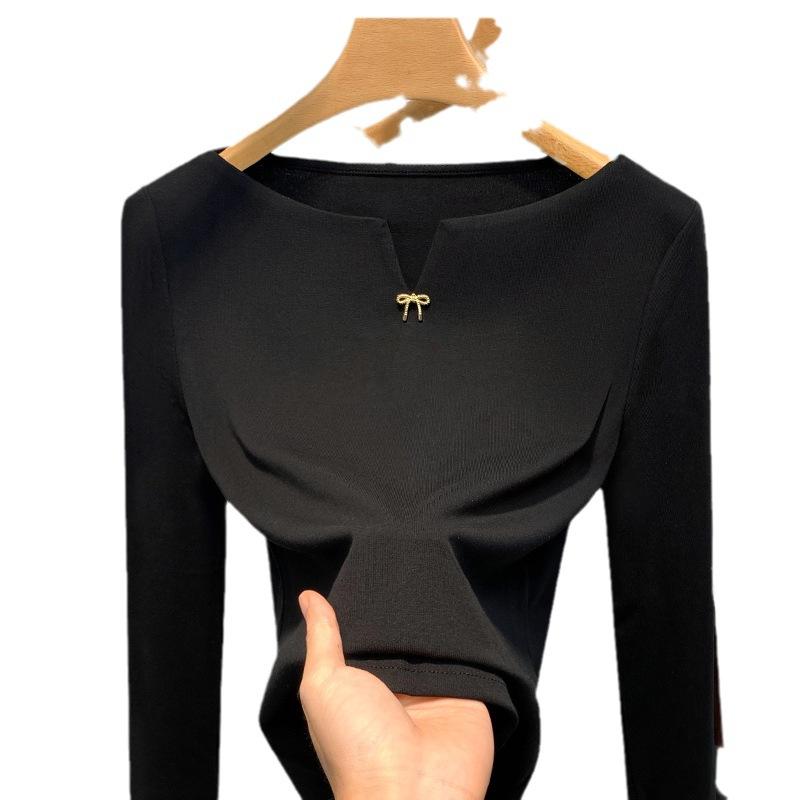 

Тонкая рубашка с низом, женская новая женская одежда, темперамент, одно слово, плечо, длинный рукав, футболка, ретро, внутренняя часть талии, топ 3XL