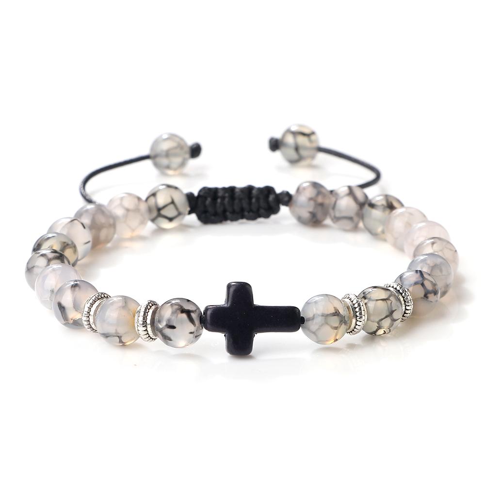Men Women Braided Bracelet 8MM Natural Stone Christian Bless Jesus Cross Hematite Bead Bracelets Bangles Prayer Handmade Jewelry