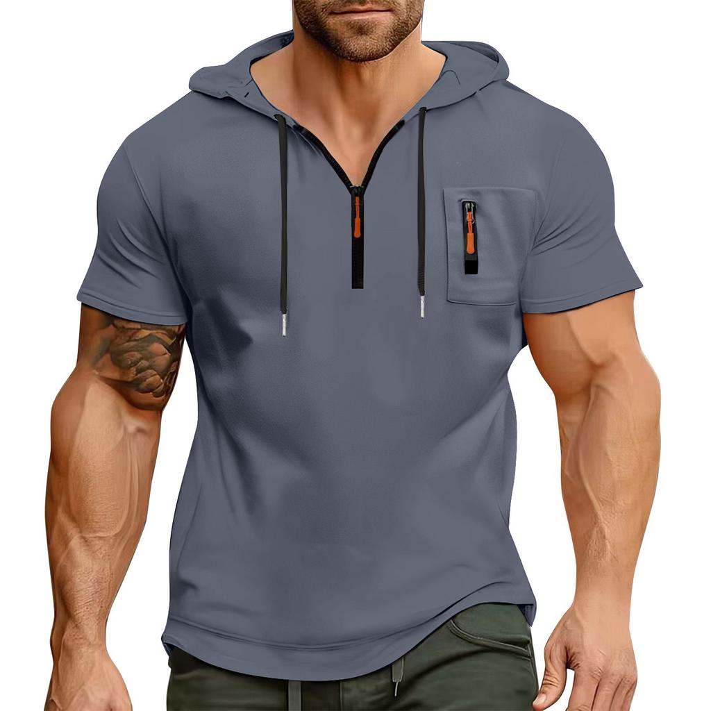 Men's Summer Shirt Zipper Pocket Short Sleeve Hooded Sweatshirt Men's Sports Large Size Casual Sweatshirt