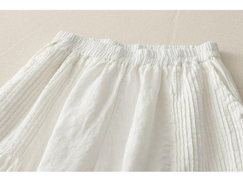 Women's Retro Pleated Cotton & Linen Wide-Leg Skirt Pants - High-Waisted Simple Solid Color