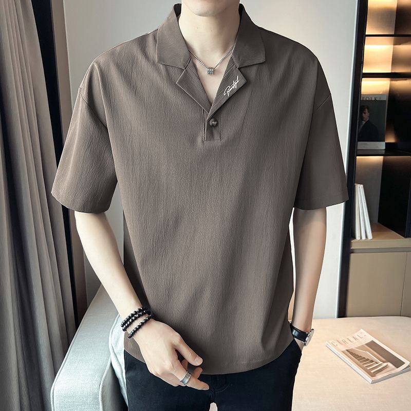 

Рубашки со стильными надписями с отложным воротником, летние, с коротким рукавом, мужская одежда, деловой кэжуал, однотонные, универсальные, на пуговицах L серый