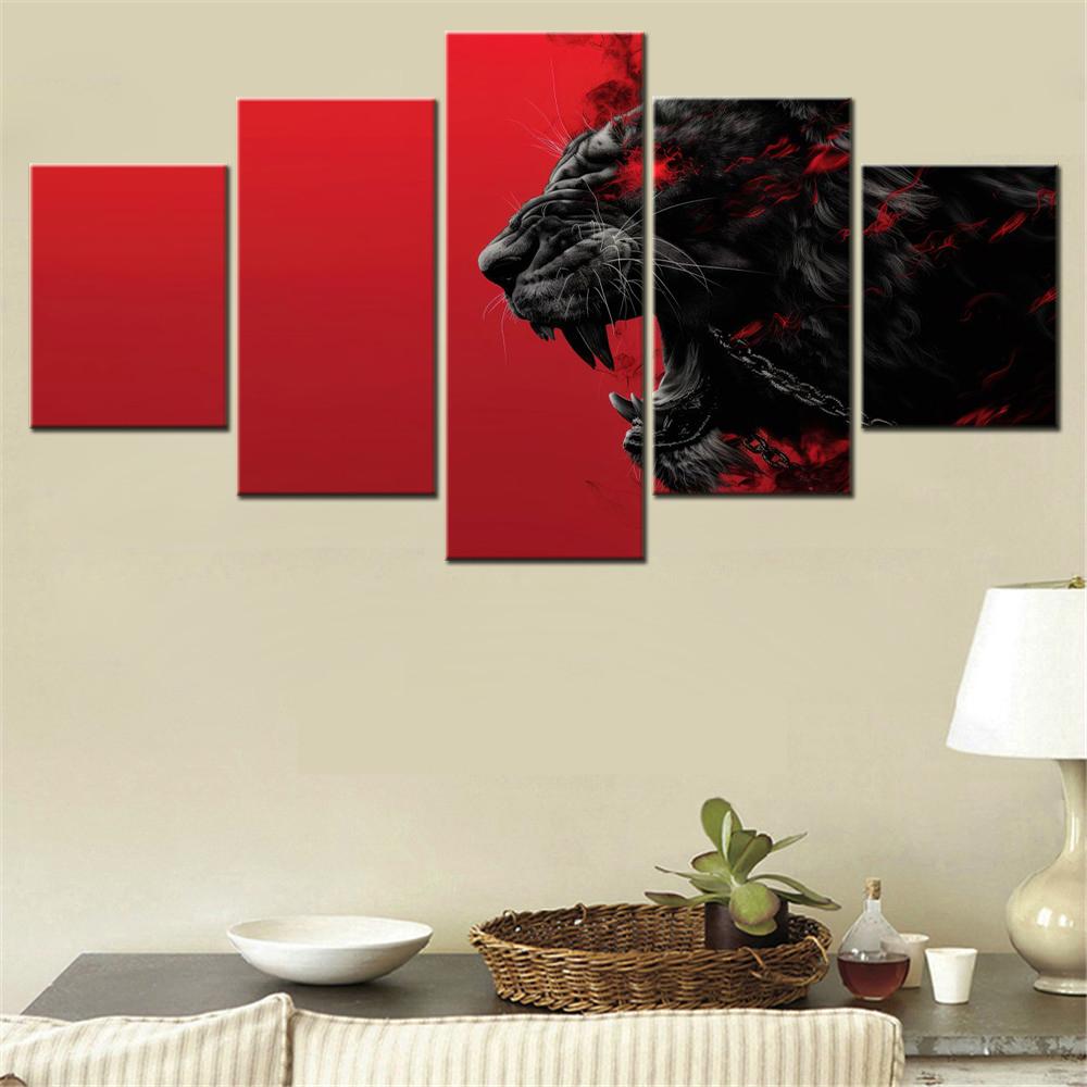 

5 Pieces Canvas Wall Art Poster Painting Animals Lion Red Aesthetic Wallpaper Picture Printing Home Decoration For Living Room 20X35 20X45 20X55CM