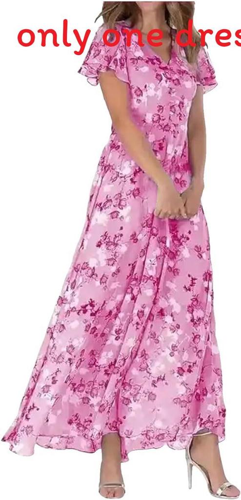 Summer Floral Chiffon Maxi Dress With Ruffle Vneck For Casual Wear
