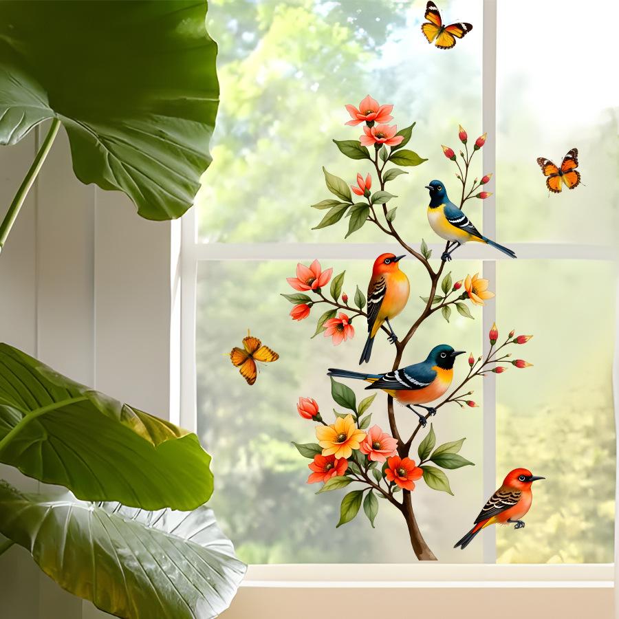 Watercolor Butterfly Magpie Kapok Tree Window Sticker Static Cling Decal for Home Glass Decoration