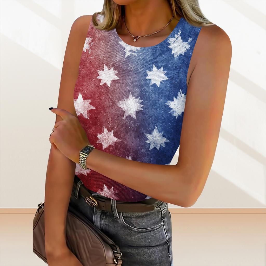 Women's Summer Fashionable Casual Independence Day Printed Round Neck Sleeveless Top Fitted Vest