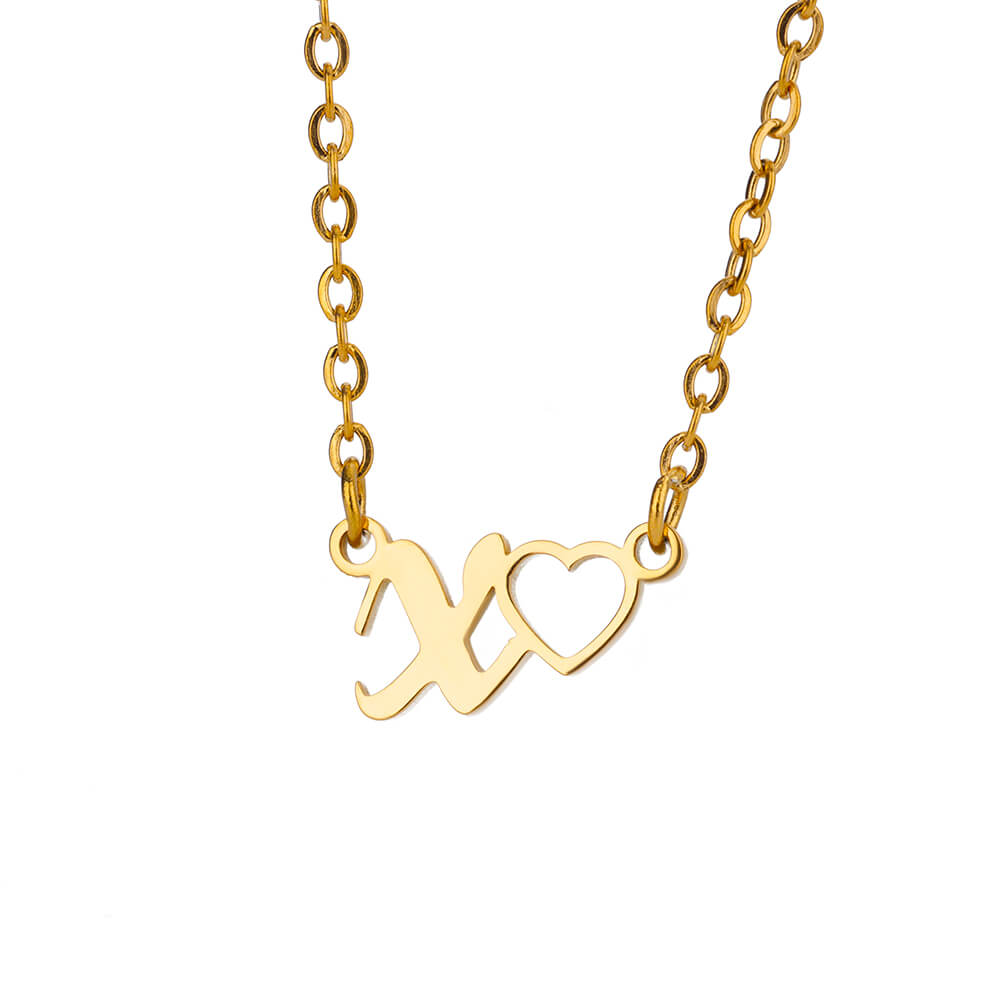 Fashion Initial Pendant Necklace For Women Letter Name Hollow Out Heart Charm Stainless Steel Gold Color Chain Jewelry Gift