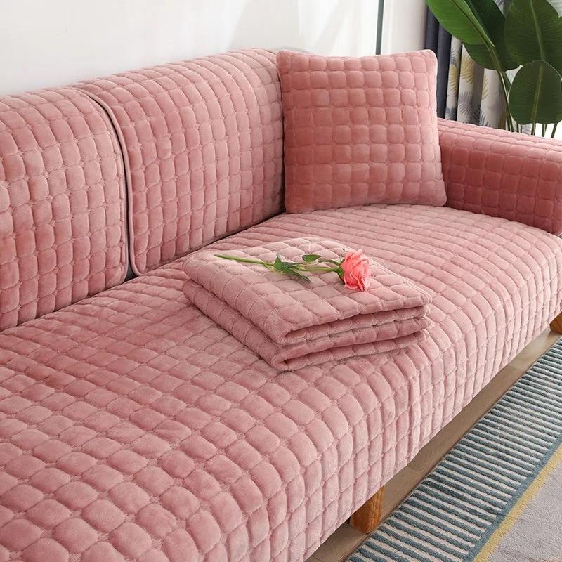 Velvet Sofa Cover Universal Plaid Plush Non-Slip Thickened Living Room Sofa Cover Warm Flannel Sofa Cushion Armrest Back Towel
