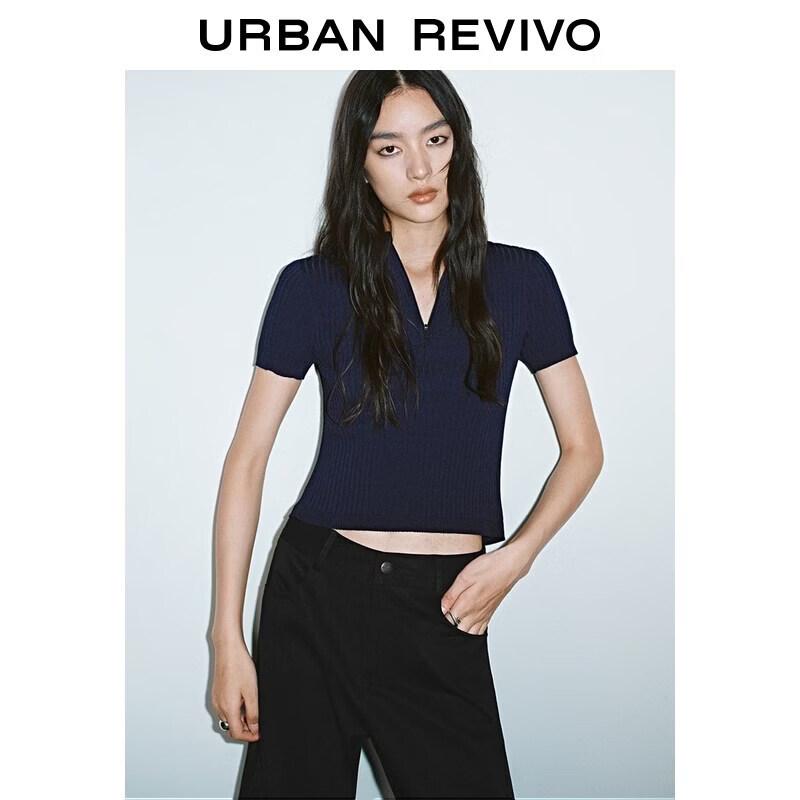 UR2026 Women s Hollow Lace-up Short Sleeve Knit Top XS темно-синий