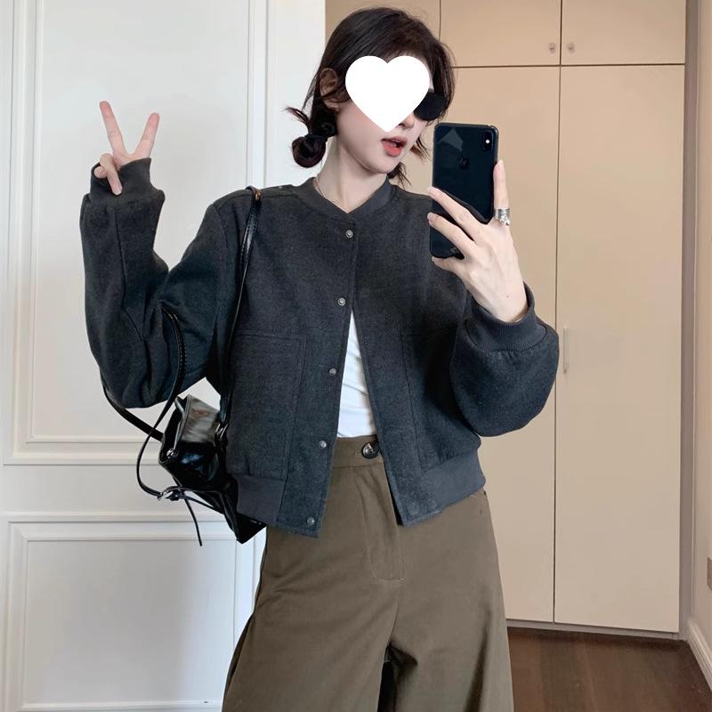 Women’s Khaki Woolen Baseball Jacket: Spring 2025 Petite Short Coat in New Style