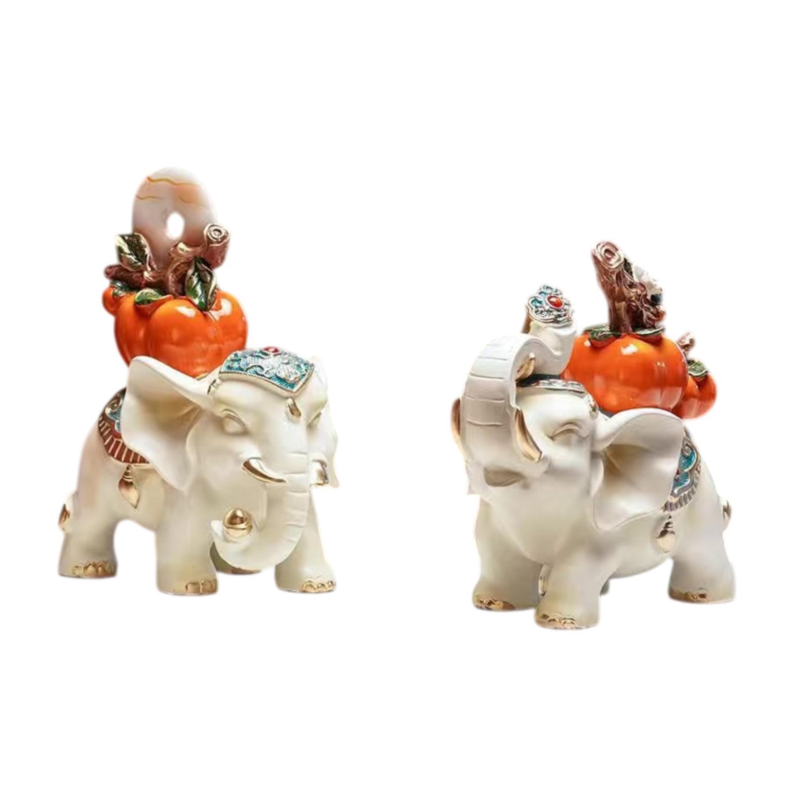 2Pcs Lucky Elephant Statues Animal Figurines Resin Ornaments Fengshui Sculptures for TV Cabinet Festival Study Room Farmhouse bianco