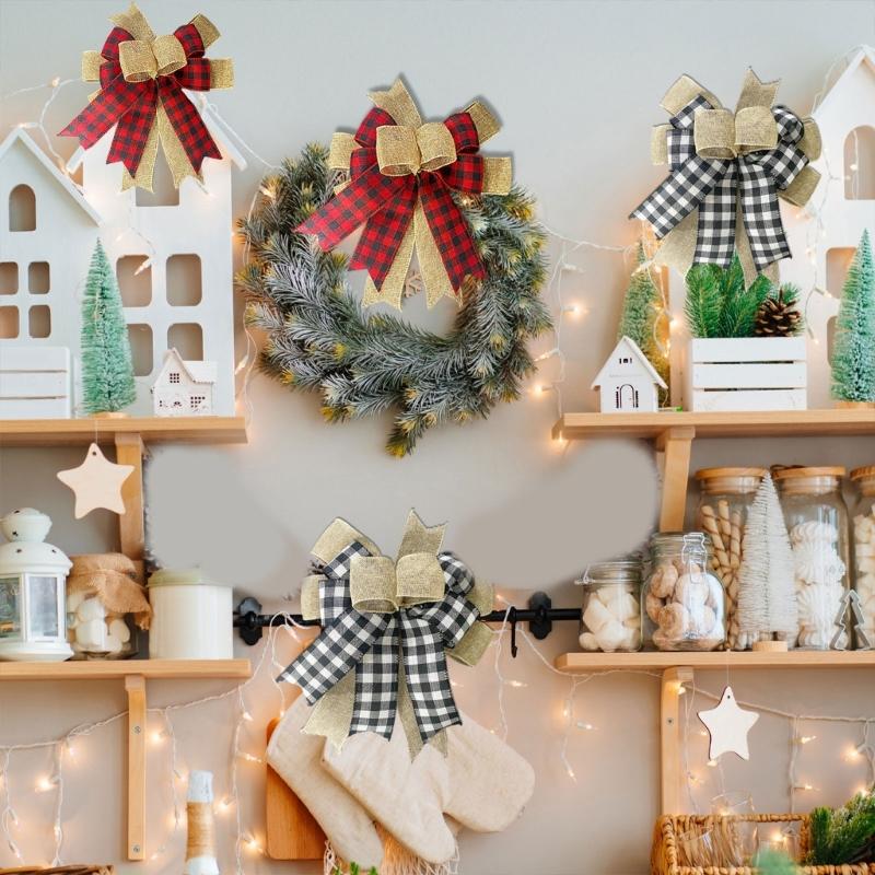 Layered Christmas Bowknot Set, 2-Pack Polyester Patterned Decorations with Concealed Back Tie for Wreaths, Gifts, and Mantels